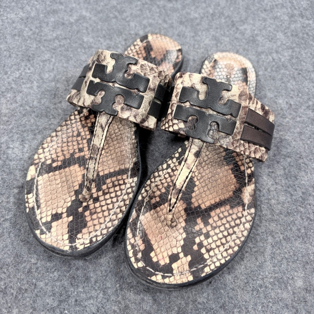 Tory Burch Miller Snakeskin Print Leather Thong Sandals Black Logo 7M 76026